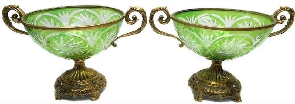 Large Pair Gilt Metal Mounted Green Cut Glass Centerpiece Bowls: Large Pair Gilt Metal Mounted Green Cut Glass Centerpiece BowlsPair Gilt Metal Mounted Cut Glass Centerpiece Bowls with green flashed glass, second half 20th century Weight Approx: 6 lbs Measures Appr