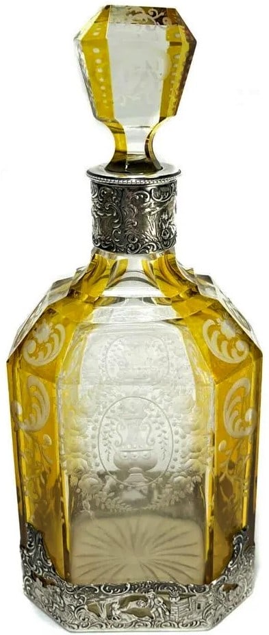 9.5" Antique German 800 Silver and Acid Etched Amber Yellow and Clear Glass Decanter (1 of 1)