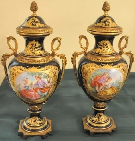 Pair of 19th Century French Sevres Style Hand Painted Porcelain and Bronze Covered Urns (1 of 1)