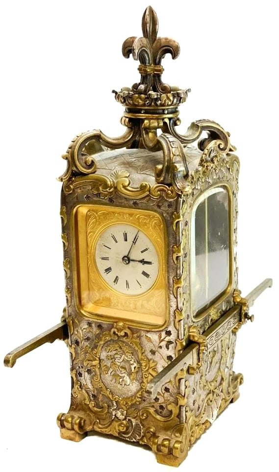 Exquisite Large 11" 19th Century Antique French Gilt Silvered Bronze Carriage Clock Sedan Chair (1 of 10)