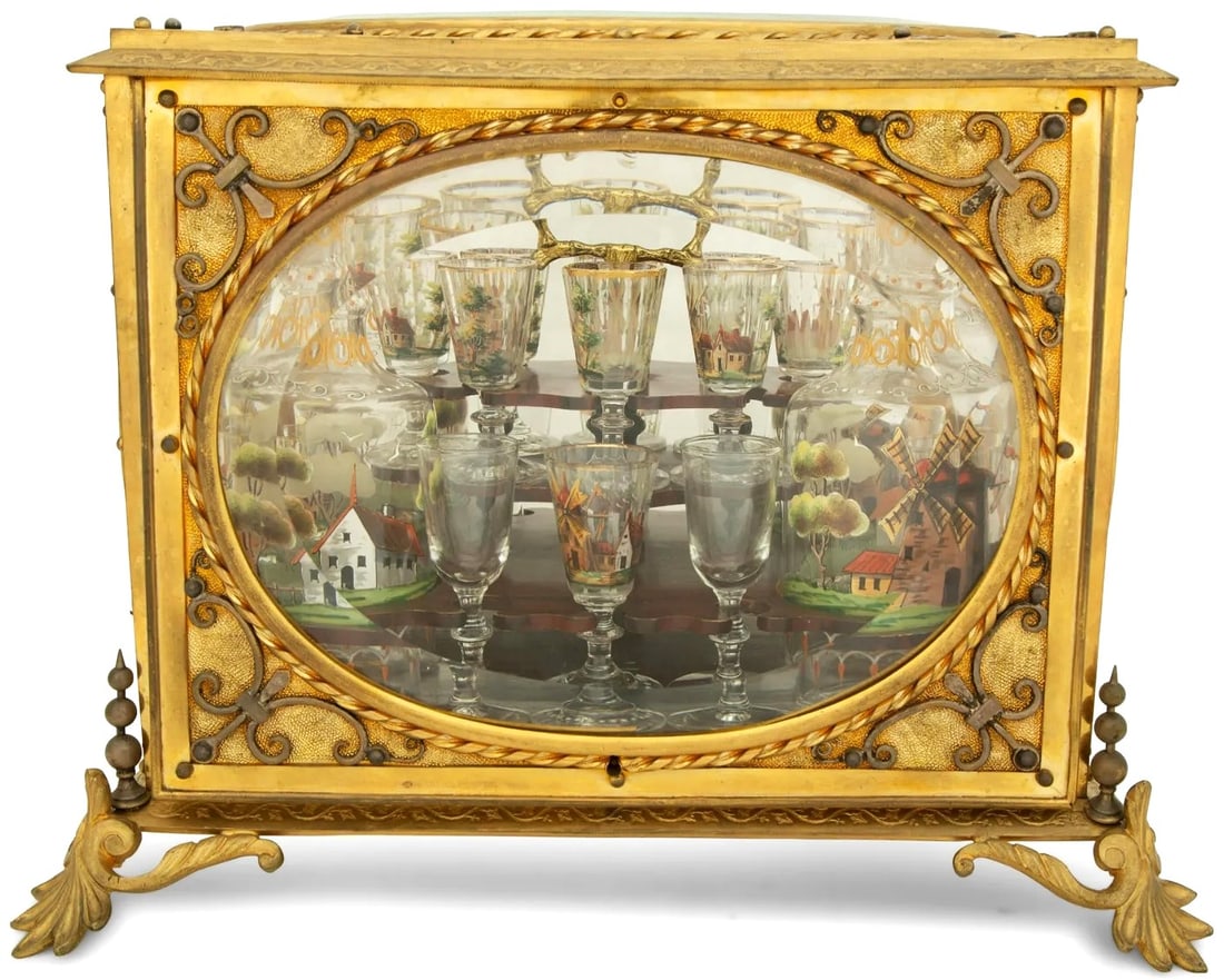 Antique 19th Century French Gilt Bronze Cave a Liqueur with Enameled Tantalus Decanter Set (1 of 2)