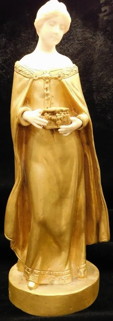 Antique Circa 1930 French Louis Sasson Bronze and Carved Figure of Woman Holding a Box (1 of 2)