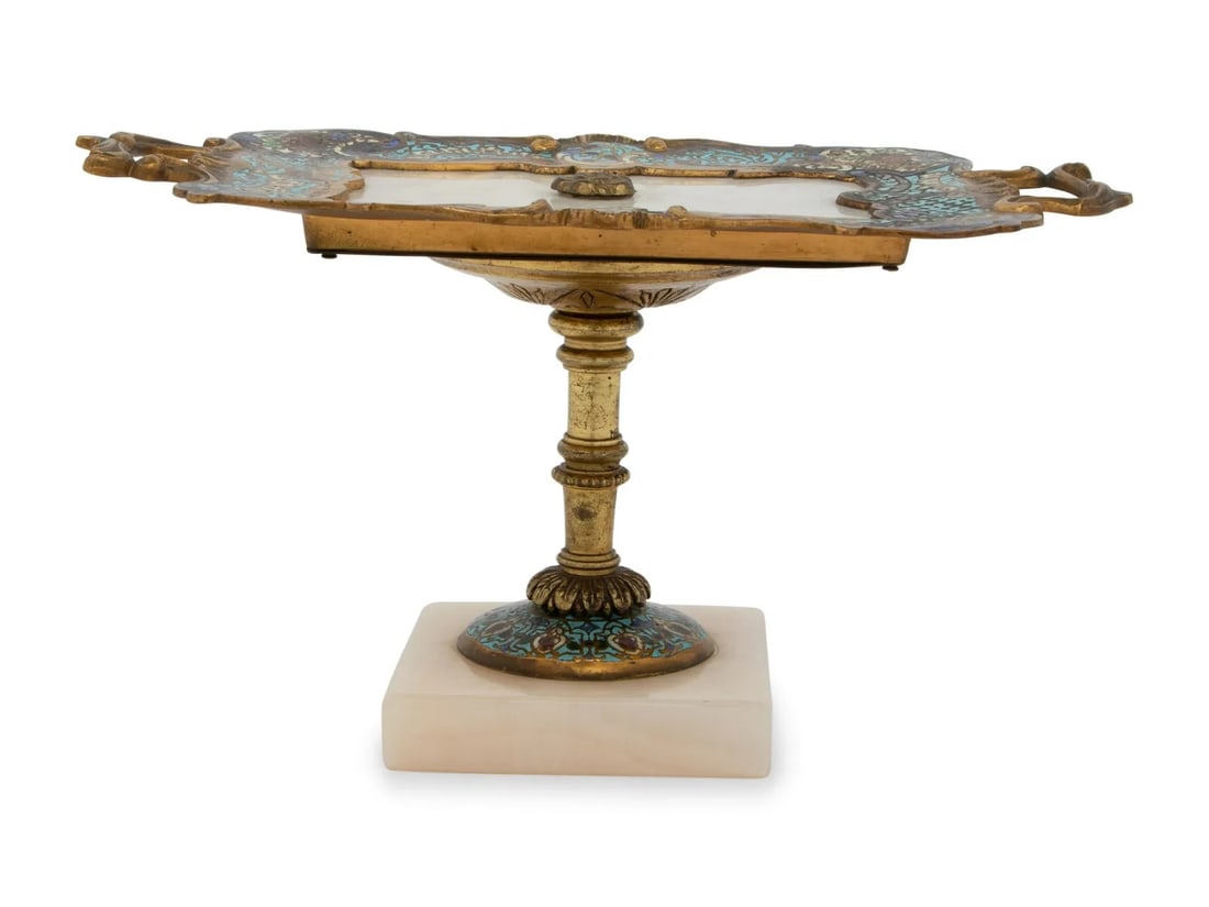 A Large 19th Century Antique French Gilt Bronze Champleve Enamel Alabaster Serving Card Tray (1 of 2)