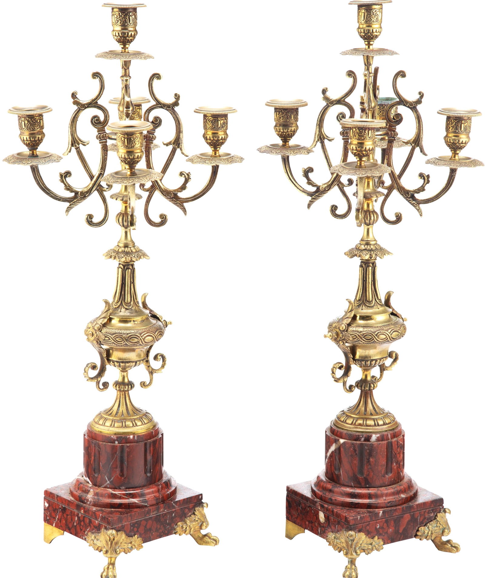 Large Antique 20th Century Pair of Five Light Gilt Bronze and Marble Candelabra (1 of 1)