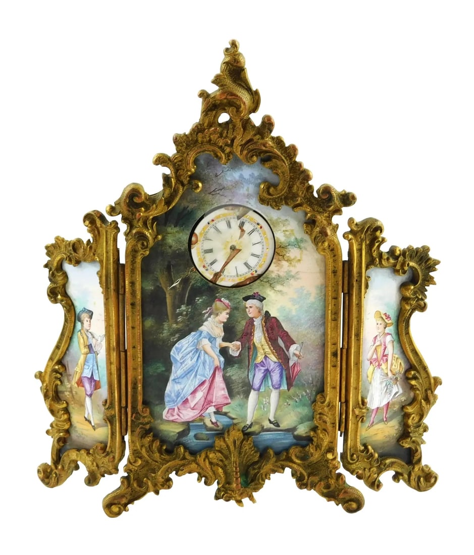 19th C. Viennese Enameled Austria Vienna Three Panel Gilt Bronze Screen with Clock (1 of 3)