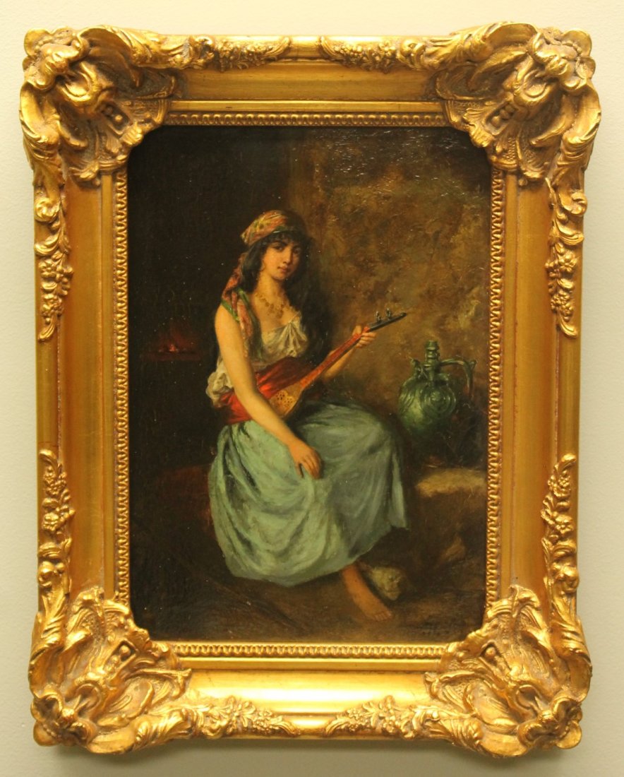 19TH C. MIDDLE EASTERN GIRL OIL PAINTING SIGNED: 19TH C. MIDDLE EASTERN GIRL OIL PAINTING SIGNED. MEASURES 12" W: 8 1/4" AND THE FRAME MEASURES H: 16 1/4" W: 13"