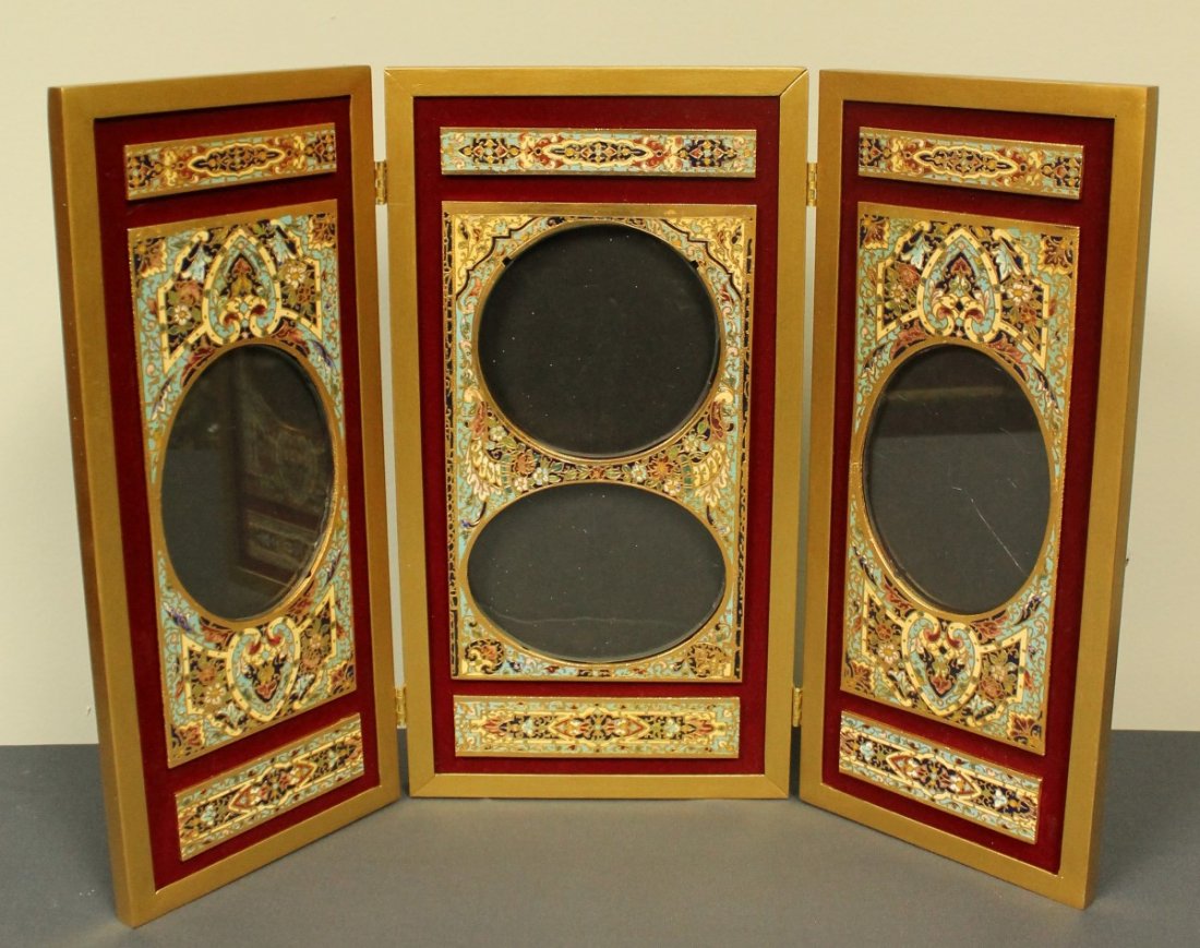 19TH C. CHAMPLEVE ENAMELLED 3 FOLD LARGE FRAME