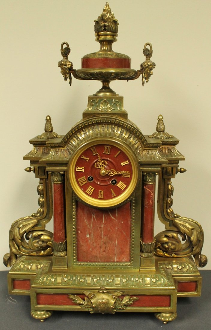 19TH C. ROUGE MARBLE AND BRONZE CLOCK