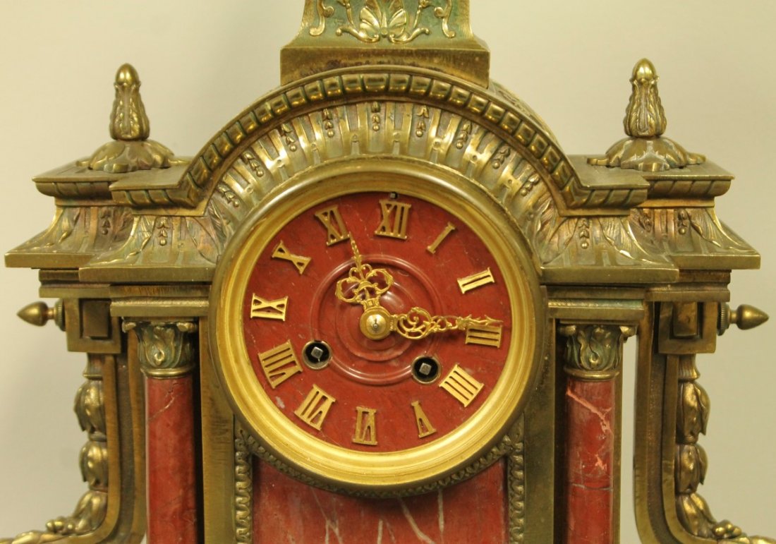 19TH C. ROUGE MARBLE AND BRONZE CLOCK - 2