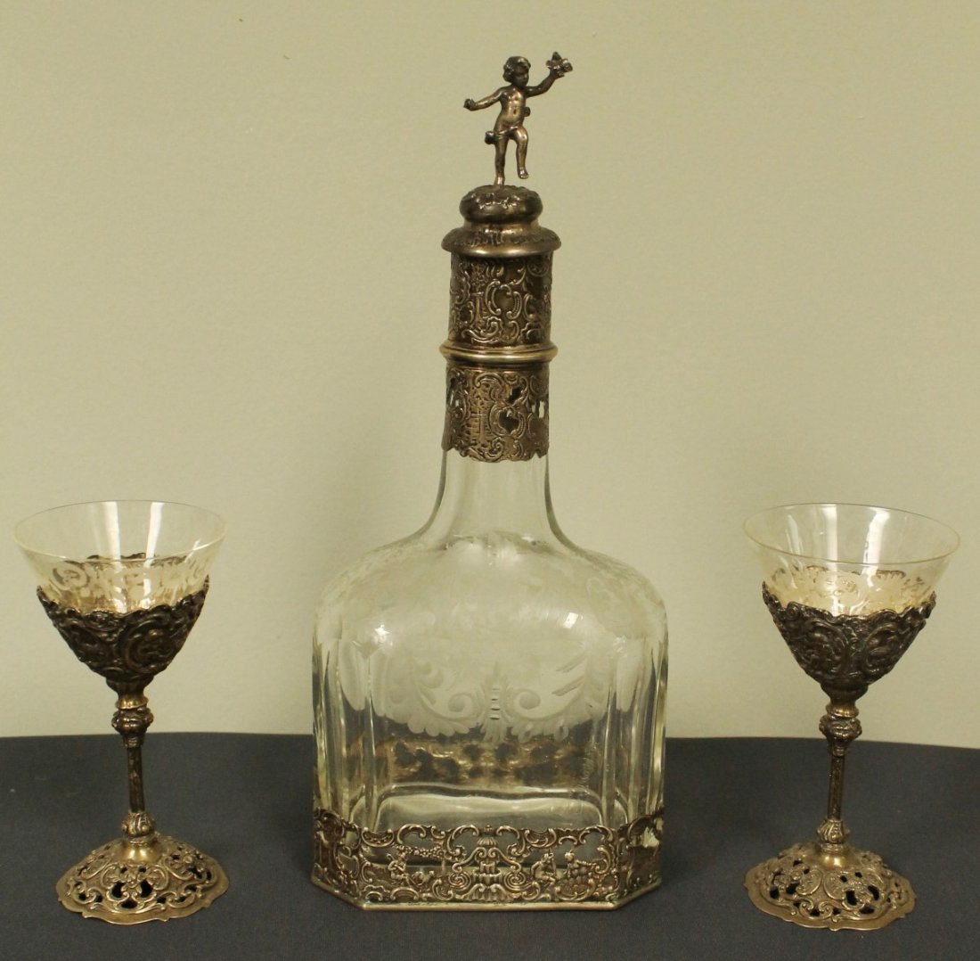GERMAN SILVER AND GLASS BOTTLE AND CUPS