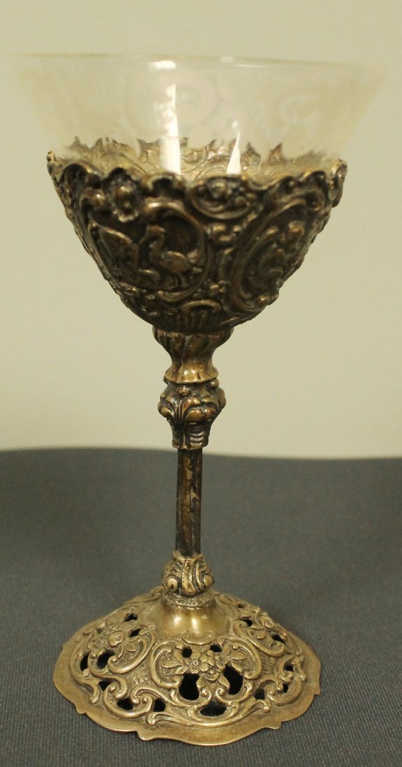 GERMAN SILVER AND GLASS BOTTLE AND CUPS - 4
