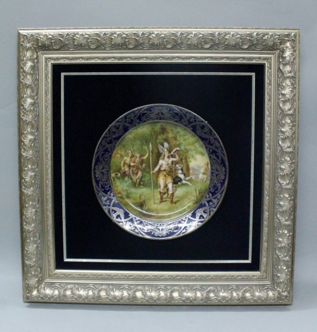 VERY RARE ROYAL VIENNA CHARGER WITH SILVER INLAID: VERY RARE ROYAL VIENNA CHARGER WITH SILVER INLAID BORDER. UNDER GLAZE BEEHIVE MARK. DIAMETER: 14 1/8". NO INTERNATIONAL SHIPPING ON IVORY