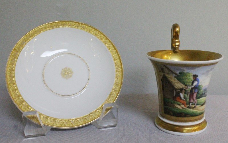 19TH C. MEISSEN CUP AND SAUCER: 19TH C. MEISSEN CUP AND SAUCER. THE CUP MEASURES H: 3" AND THE SAUCER MEASURES 5" DIAMETER