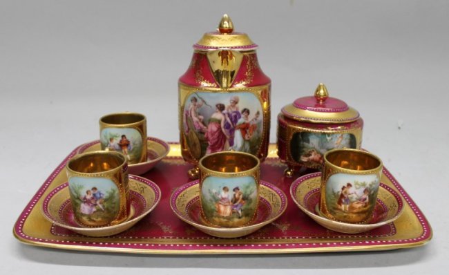 19TH C. ROYAL VIENNA TEASET: 19TH C. ROYAL VIENNA TEASET. THE TEAPOT MEASURES H: 6", SUGARPOT MEASURES H: 3 1/2", THE CUPS MEASURE H: 1 3/4", THE SAUCERS MEASURE 3 1/4" DIAMETER, AND THE TRAY MEASURES 12" X 8"