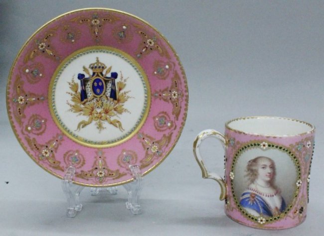 19th cent sevres jeweled cup and saucer: 19th cent sevres jeweled cup and saucer. The cup measures H: 3" and the saucer measures 5 3/4" Diameter