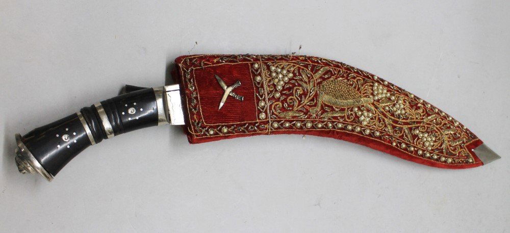 Indian Machete Knife, Khukuri style with Faux Pearl: Indian Machete Knife, Khukuri style with Faux Pearl Inlaid Velvet Sheath which Holds Smaller Knives (one of the smaller knives missing). Signed Engraved India on Blade. Break to Handle or else Good Co