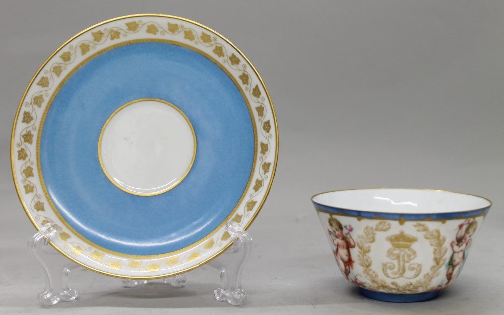 SEVRES CUP AND SAUCER: SEVRES CUP AND SAUCER. THE CUP MEASURES H: 2" AND THE SAUCER MEASURES 5 1/2" DIAMETER