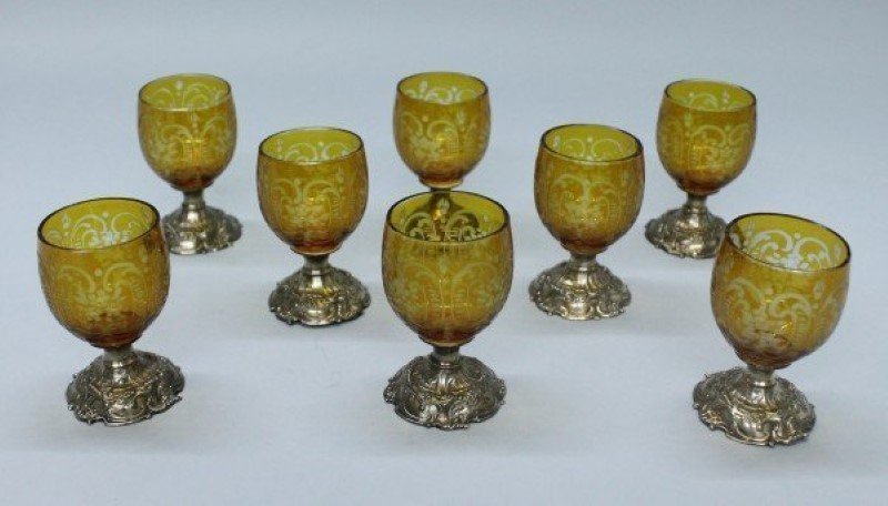 8 Bohemian Cut Glasses & Silver Shot Glasses: 8 BOHEMIAN CUT GLASSES & SILVER SHOT GLASSES. THEY MEASURE H: 2 1/2". NO INTERNATIONAL SHIPPING ON IVORY