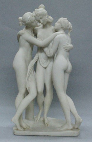 After Antonio Canova, Italian: Italian sculpted Carrara marble figure group of THE THREE GRACES. Three full figures of nude women embracing each other, plain column to the back side with floral garlands hanging, standing on a kidne