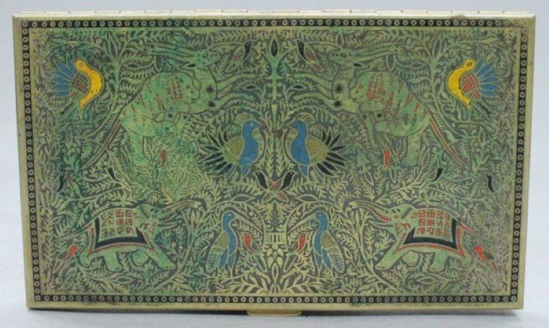 ENAMELLED INLAID DESIGN CARD BOX: ENAMELLED INLAID DESIGN CARD BOX. MEASURES 5 1/4" X 3"