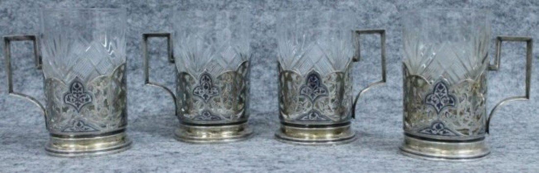 SET OF 4 RUSSIAN SILVER TEA GLASS HOLDERS WITH CUT: SET OF 4 RUSSIAN SILVER TEA GLASS HOLDERS WITH CUT GLASS . MEASURES H: 3 3/4"