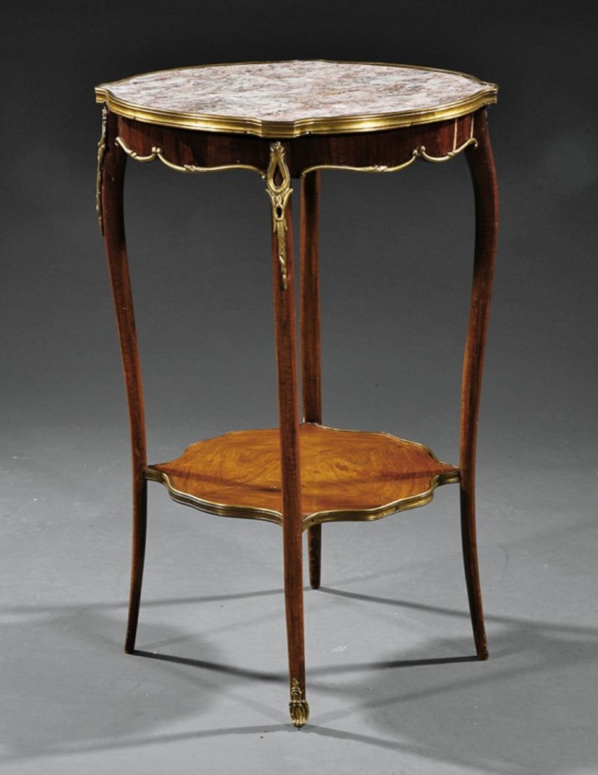 A Louis XV-Style Kingwood Gueridon: A Louis XV-Style Gilt Bronze-Mounted Kingwood Gueridon, shaped marble top, conforming base, cabriole legs, stretcher shelf, height 28 7/8 in., diameter 19 in