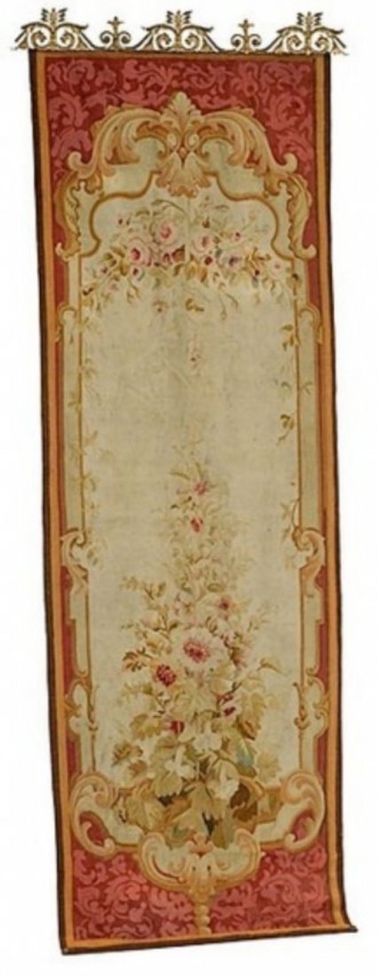 Aubusson Entre Fenetre Panel: French, late 19th century. Aubusson tapestry panel with tomato red ground and open reserve with floral bouquets, mounted on a gilt metal valance; ht. 124, wd. 41.5 in.