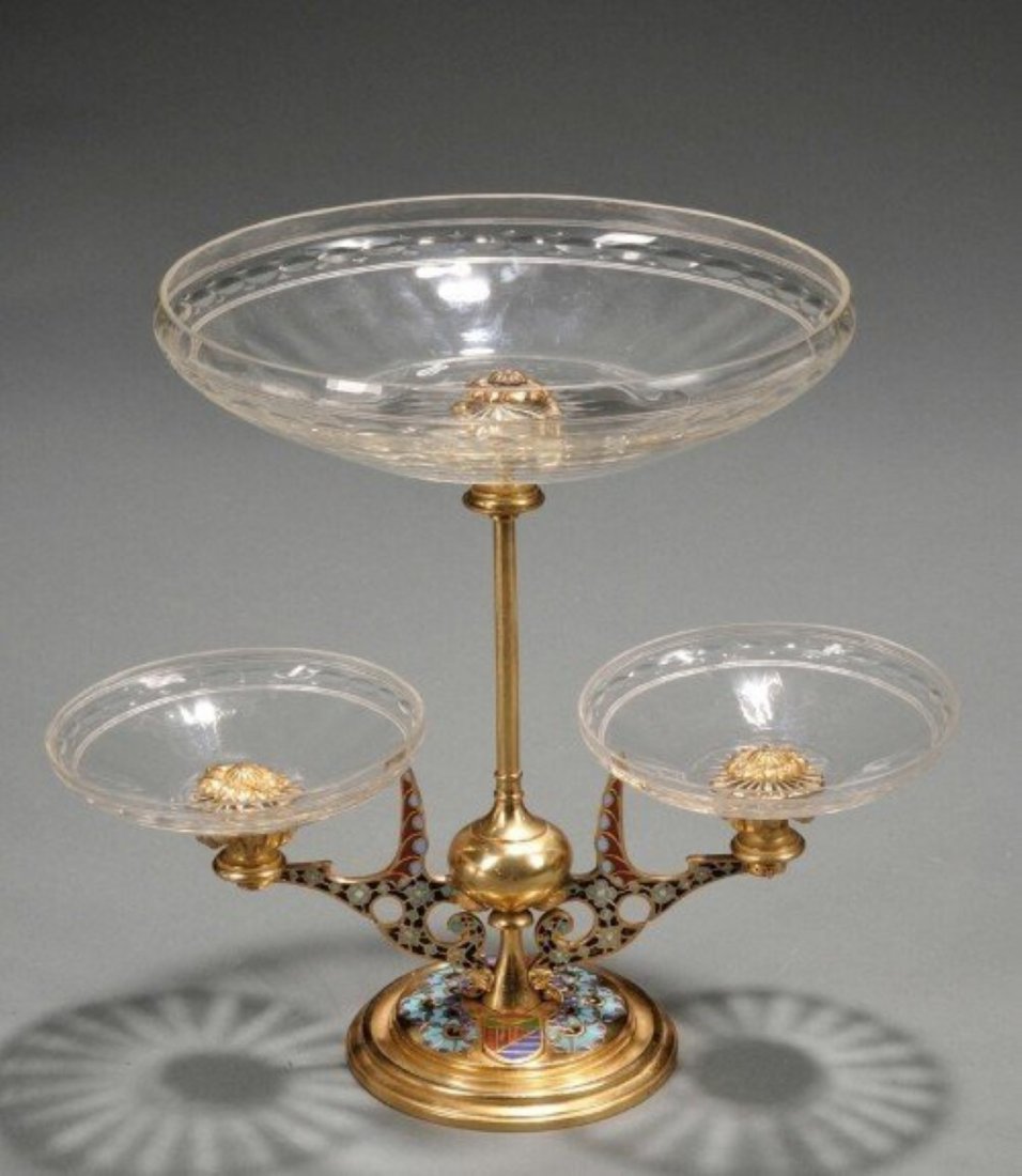 ANTIQUE FRENCH CHAMPLEVE DORE BRONZE W/THREE CUT GLASS: FINE ANTIQUE 19TH CENTURY FRENCH CHAMPLEVE ENAMEL DORE BRONZE WITH THREE BACCARAT STYLE CRYSTAL CUT GLASS CENTERPIECE MEASURES: HEIGHT 10 1/4" SHIPPING AND HANDLING TO 48 STATES OF UNITED STATES: $55