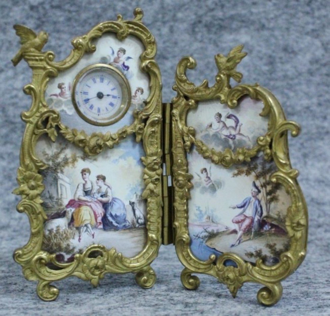 AUSTRIAN GILT BRONZE ENAMEL DESK CLOCK: AUSTRIAN GILT BRONZE ENAMEL DESK CLOCK. MEASURES H: 4 1/2" W: 4 1/2"