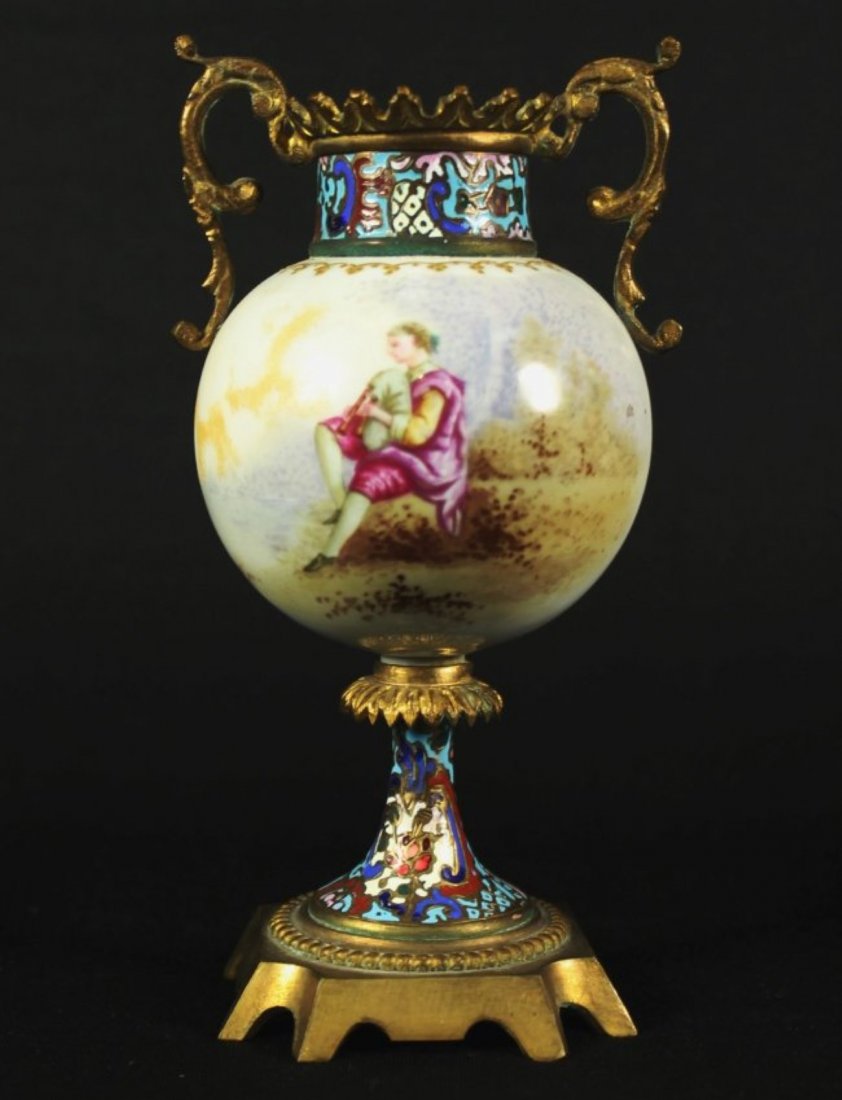 CHAMPLEVE ENAMEL VASE: CHAMPLEVE ENAMEL VASE. MEASURES H: 6"