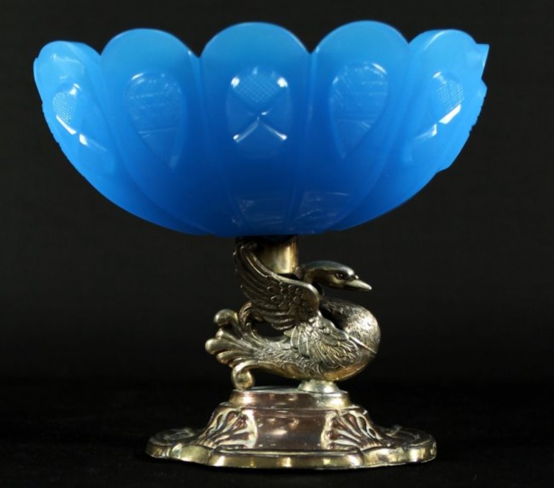 BLUE OPALINE GLASS AND CONTINENTAL SILVER CENTERPIECE: BLUE OPALINE GLASS AND CONTINENTAL SILVER CENTERPIECE. MEASURES H: 5 1/4" W: 6"