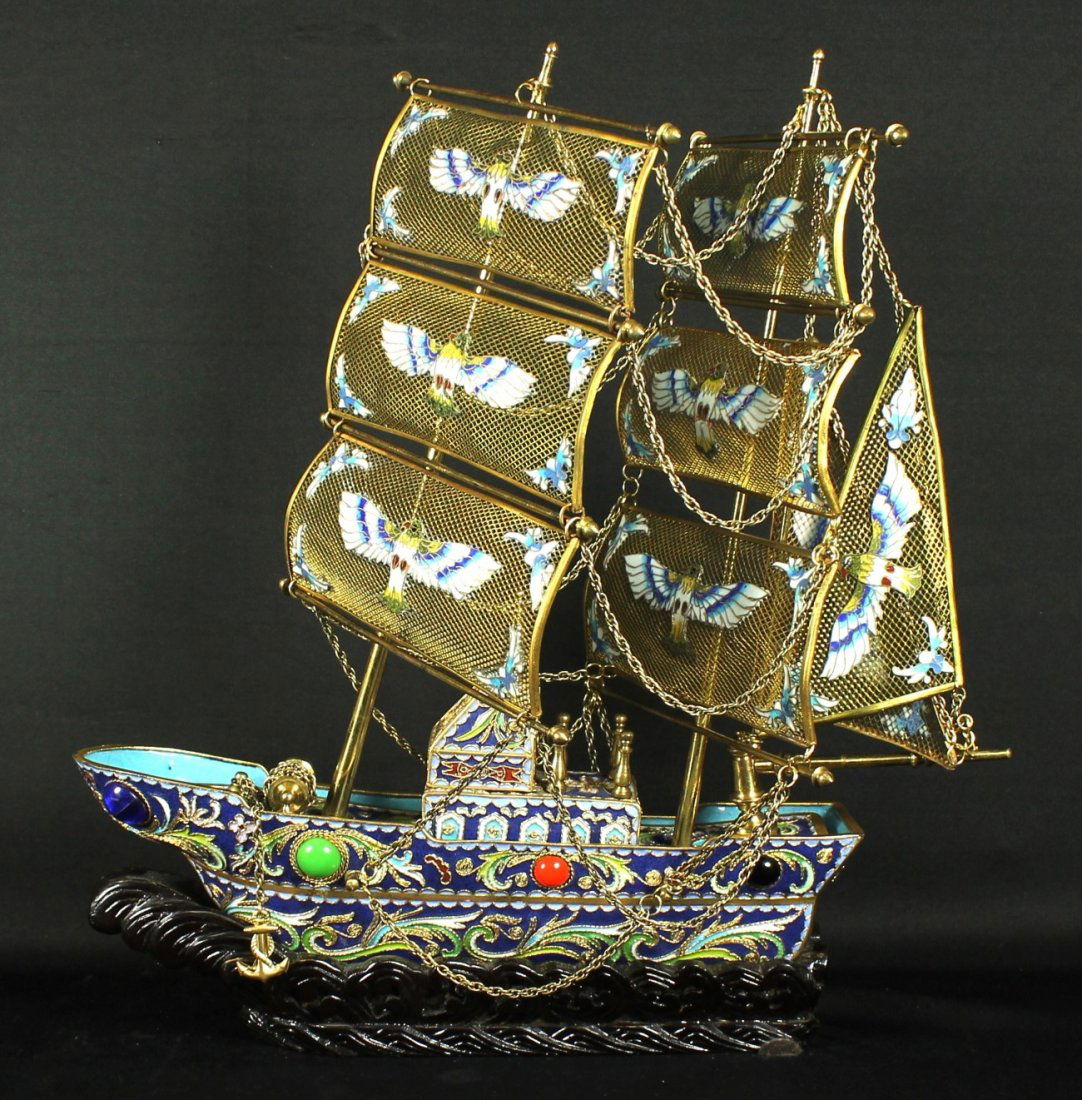CHINESE ANTIQUE JEWELLED CLOISONNE GALLEON: CHINESE ANTIQUE JEWELLED CLOISONNE GALLEON. MEASURES H: 15 1/2" W: 12" SHIPPING AND HANDLING TO 48 STATES OF UNITED STATES: $80 INTERNATIONAL, ALASKA, HAWAII AND US PROTECTORATES BIDDERS ASK FOR SHIPP