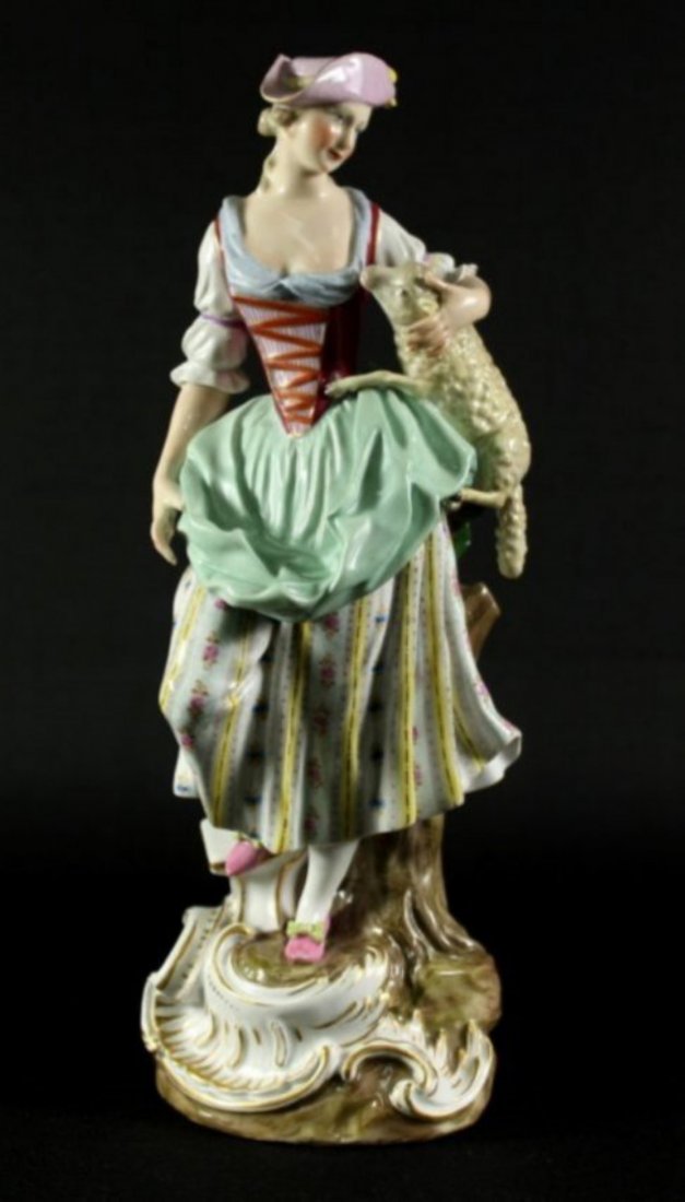 12" 19TH CENTURY MEISSEN FIGURE OF GIRL WITH LAMB: 12" VERY RARE 19TH CENTURY AUTHENTIC ORIGINAL ANTIQUE MEISSEN GERMAN HAND PAINTED PORCELAIN FIGURE OF SHEEPHERDER GIRL WITH A LAMB. THE BASE IS SIGNED WITH UNDERGLAZED MEISSEN BLUE CROSSED SWORDS TRAD