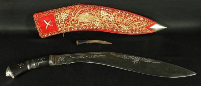 Indian Machete Knife, Khukuri style with Faux Pearl: Indian Machete Knife, Khukuri style with Faux Pearl Inlaid Velvet Sheath which Holds Smaller Knives (one of the smaller knives missing). Signed Engraved India on Blade. Break to Handle or else Good Co
