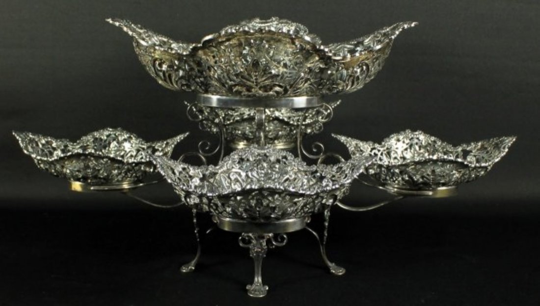 ANGELETTI STERLING SILVER FIVE BASKET EPERGNE: ANGELETTI STERLING SILVER FIVE BASKET EPERGNE MEASURES H:10" W:20"X16 1/2" WEIGHT: 2469.242 gr