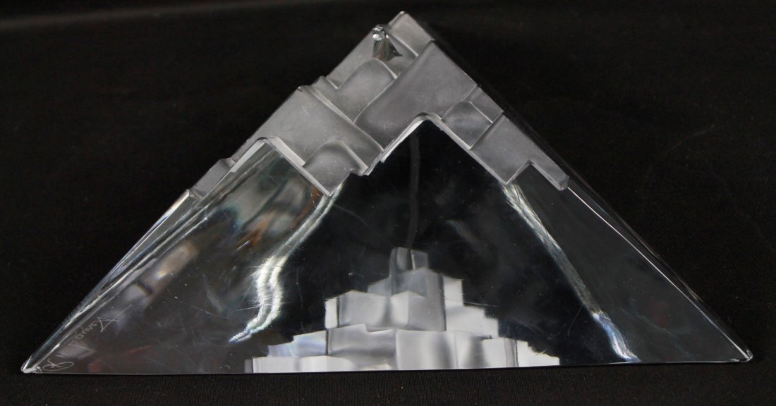 DAUM GLASS PYRAMID: DAUM GLASS PYRAMID. MEASURES H: 3" W: 11"