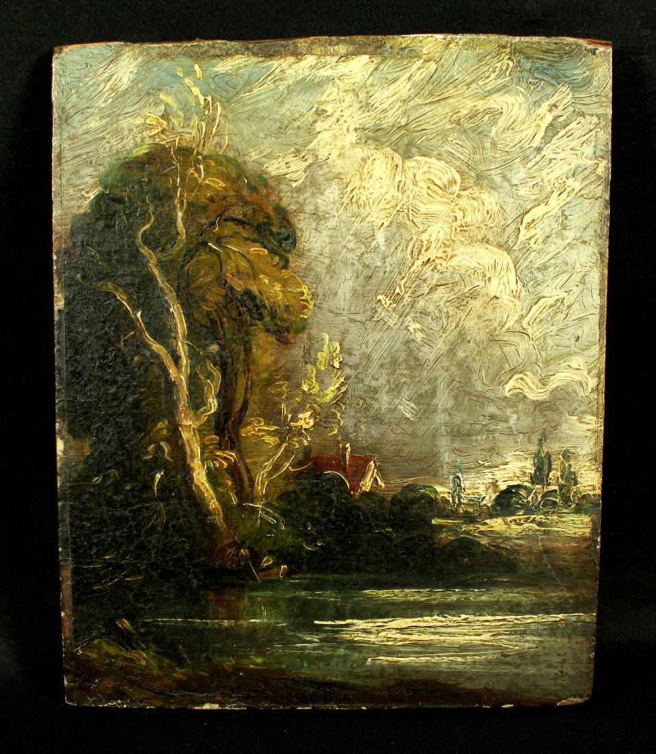 OIL PAINTING JOHN CONSTABLE CIRCA 1877: OIL PAINTING JOHN CONSTABLE CIRCA 1877 this painting may have been drawn by the famous 19th century British painter John constable, it carry should a period paper on its back which has lead us to beli