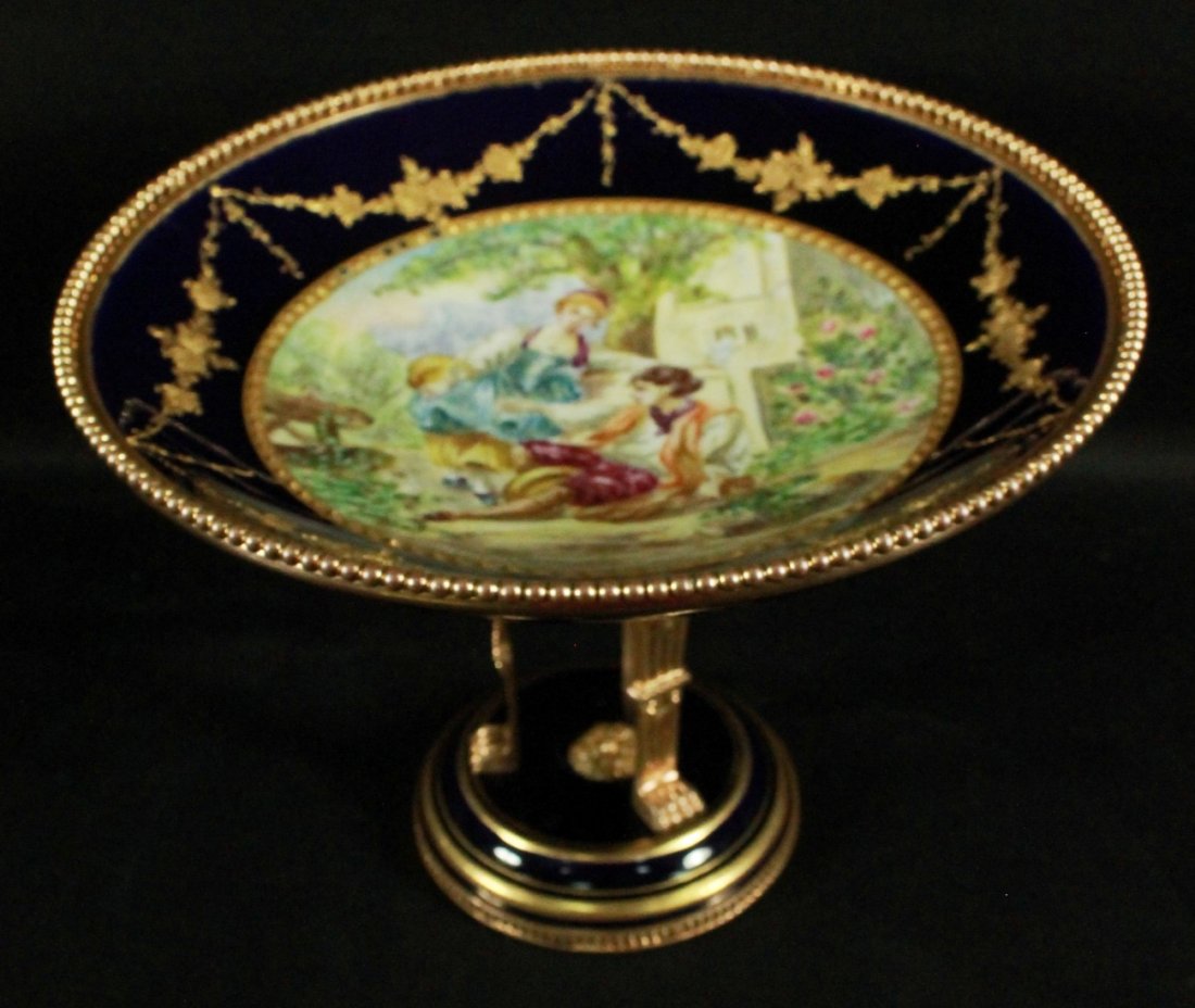 CLIGNANCOURT PORCELAIN GILT BRONZE MOUNTED COMPOTE: CLIGNANCOURT PORCELAIN GILT BRONZE MOUNTED COMPOTE. MEASURES H: 6 1/4" W: 9"