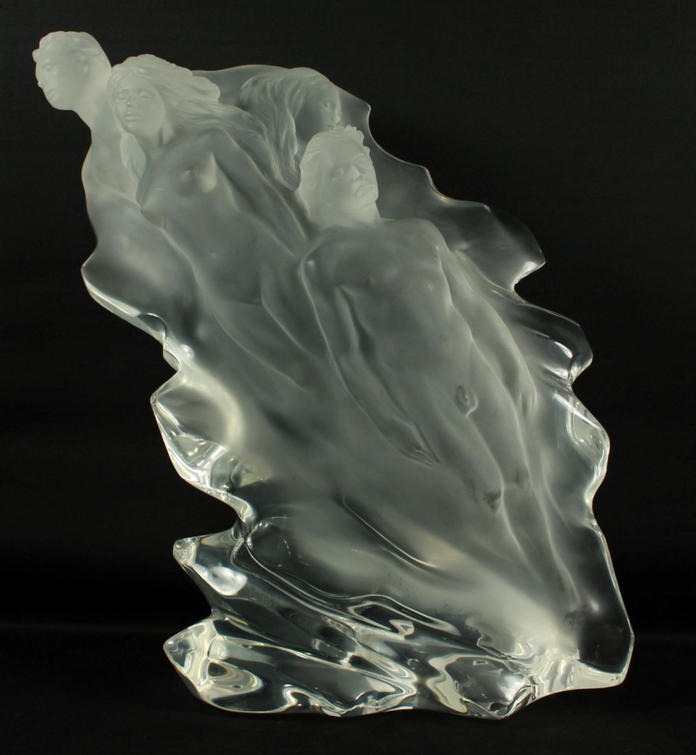 LALIQUE STYLE FROSTED GLASS FIGURE OF MAN AND WOMAN: FREDERICK HART American 1943-1999 Passages 1986 Acrylic Resin 18 x 10 1/2 inches / 45.5 x 27 cm Initialed, dated and numbered "FH 1986 71/350 FAA" and signed "Hart"