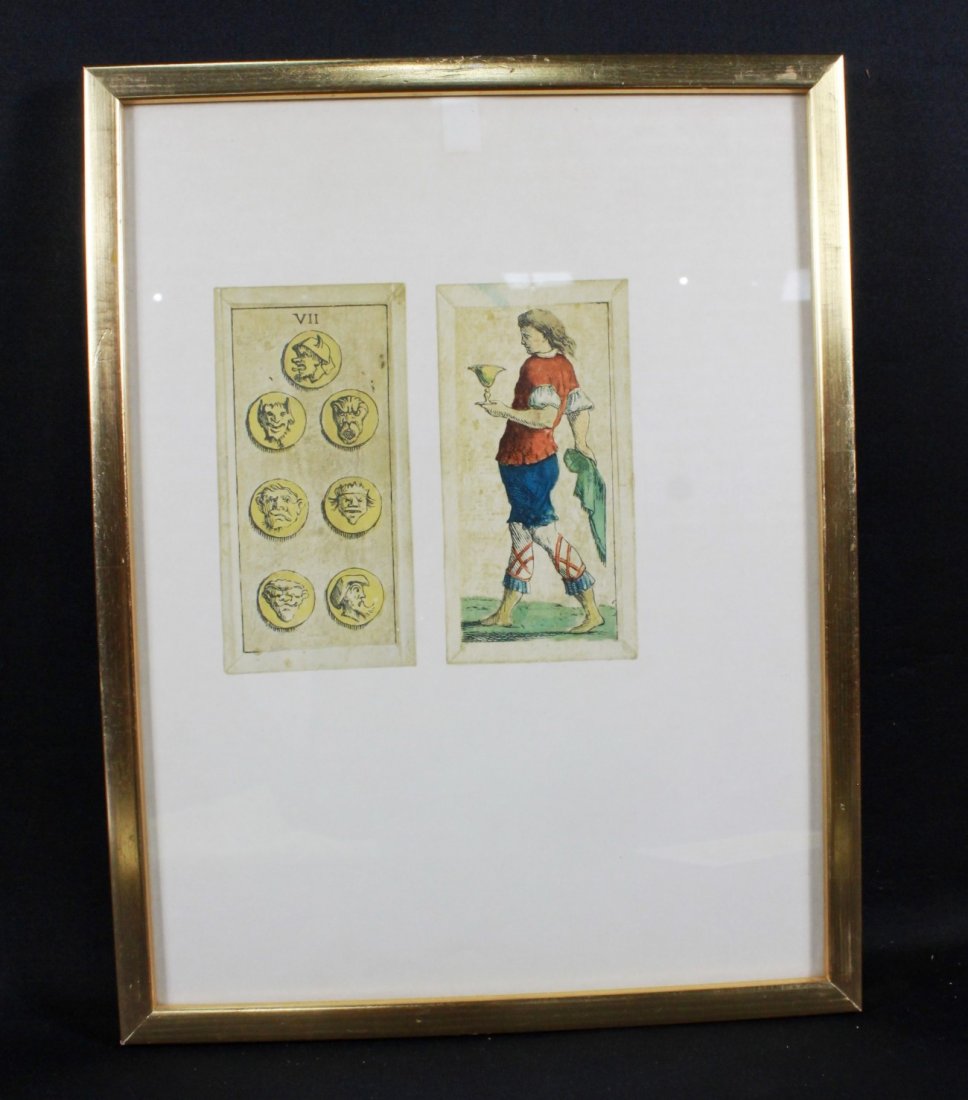 FRAMED THE SEVEN OF COINS AND THE VALET OF CUPS OF A: THE SEVEN OF COINS AND THE VALET OF CUPS OF A TAROT SERIES ENGRAVED AT BOLOGNA IN 1664. MEASURES 13 1/4" X 10 1/4"