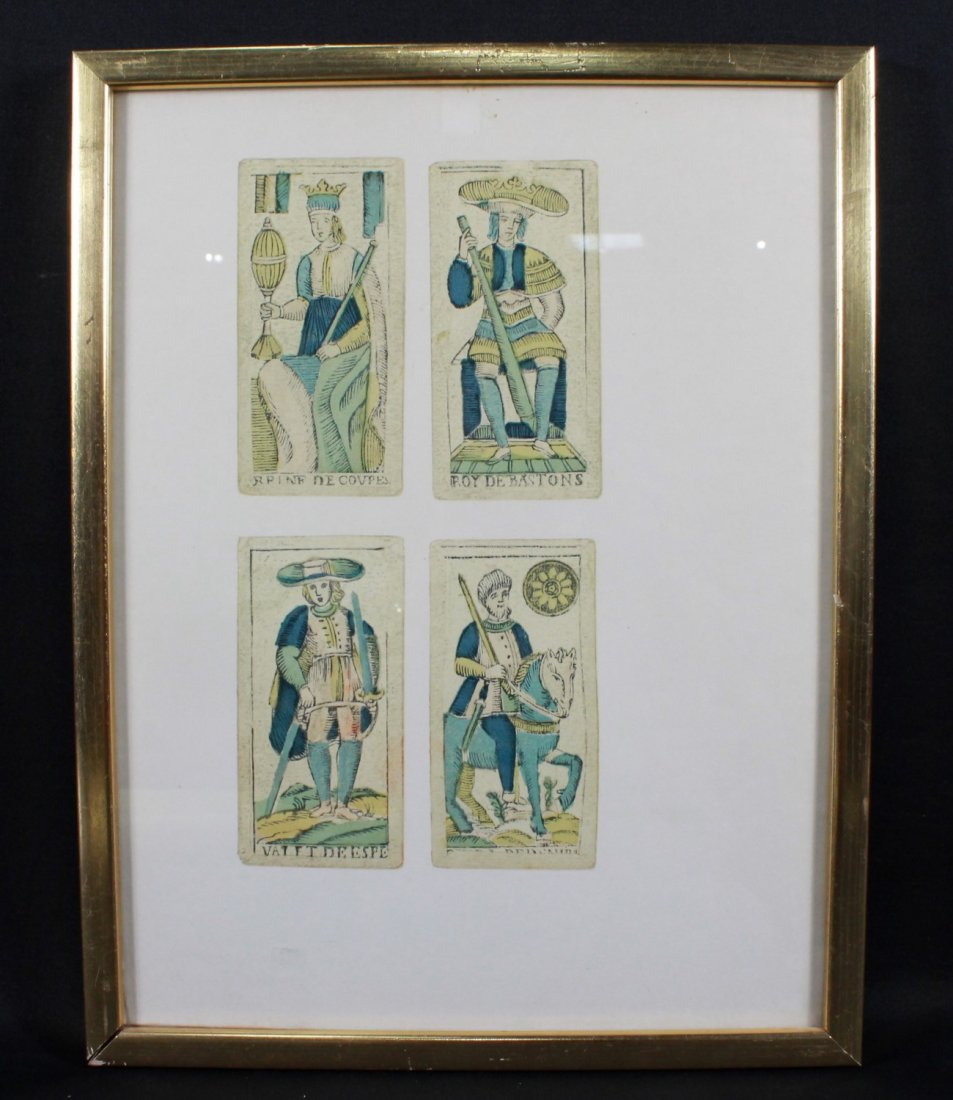 FRAMED COURT CARDS FROM A PACK OF ITALIAN TAROTS OF THE: FRAMED COURT CARDS FROM A PACK OF ITALIAN TAROTS OF THE EARLY 18TH CENTURY. MEASURES 13 1/4" X 10 1/4"