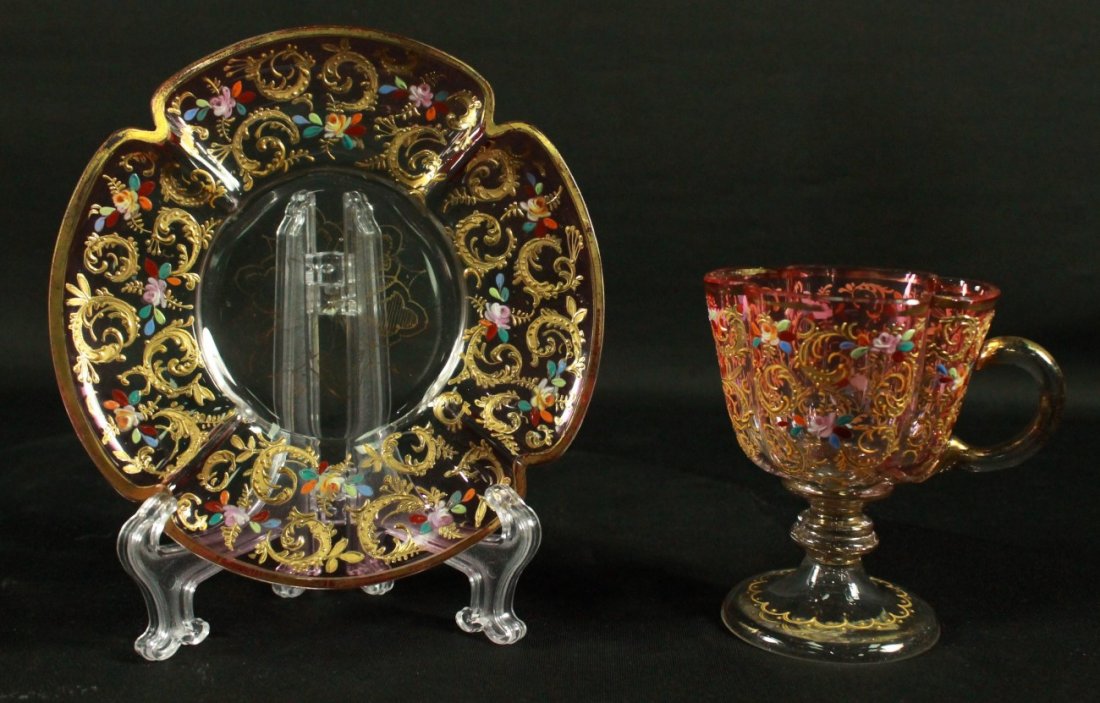 MOSER DECORATED CUP AND SAUCER: MOSER DECORATED CUP AND SAUCER. THE CUP MEASURES H: 3 3/4" AND THE SAUCER MEASURES 4 1/2" DIAMETER