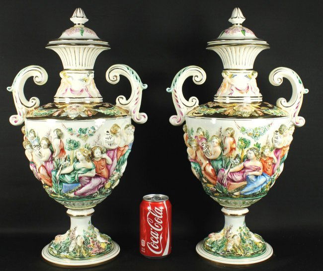 RARE 21" LARGE ANTIQUE PAIR OF HANDLED CAPODIMONTE URNS: RARE 21" LARGE MUSEUM QUALITY 19TH CENTURY ANTIQUE PAIR OF HANDLED ITALIAN HAND PAINTED PORCELAIN CAPODIMONTE URNS. MEASURES H: 21" W: 11" SHIPPING AND HANDLING TO 48 STATES OF UNITED STATES: $120 INT