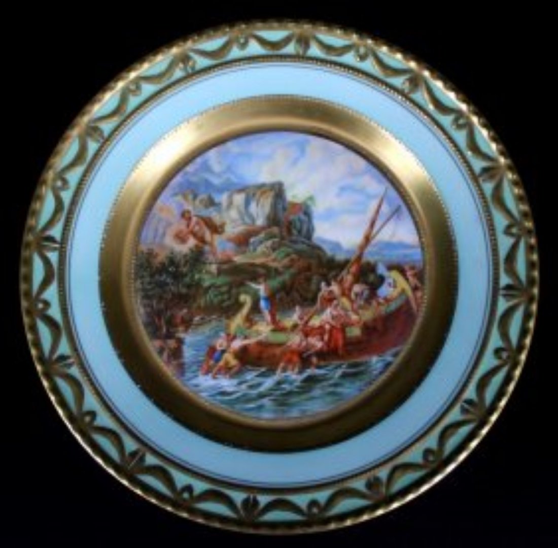 KPM ARTIST SIGNED PORCELAIN PORTRAIT PLATE: KPM ARTIST SIGNED PORCELAIN PORTRAIT PLATE. MEASURES: 9 3/4 DIAMETER , Konigliche Porzellan Manufaktur plates with scenes from the Odyssey. Scenes are transferred with some hand painting. SIGNED BY O.