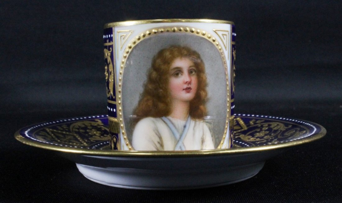 19TH C. ROYAL VIENNA CUP AND SAUCER: 19TH C. ROYAL VIENNA CUP AND SAUCER. THE CUP MEASURES H: 2" AND THE SAUCER MEASURES 4 1/2" DIAMETER