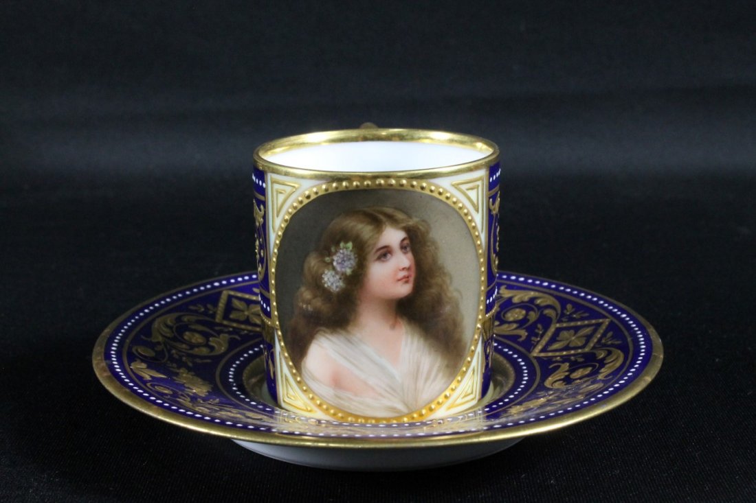 19TH C. ROYAL VIENNA CUP AND SAUCER: 19TH C. ROYAL VIENNA CUP AND SAUCER. THE CUP MEASURES H: 2" AND THE SAUCER MEASURES 4 1/2" DIAMETER