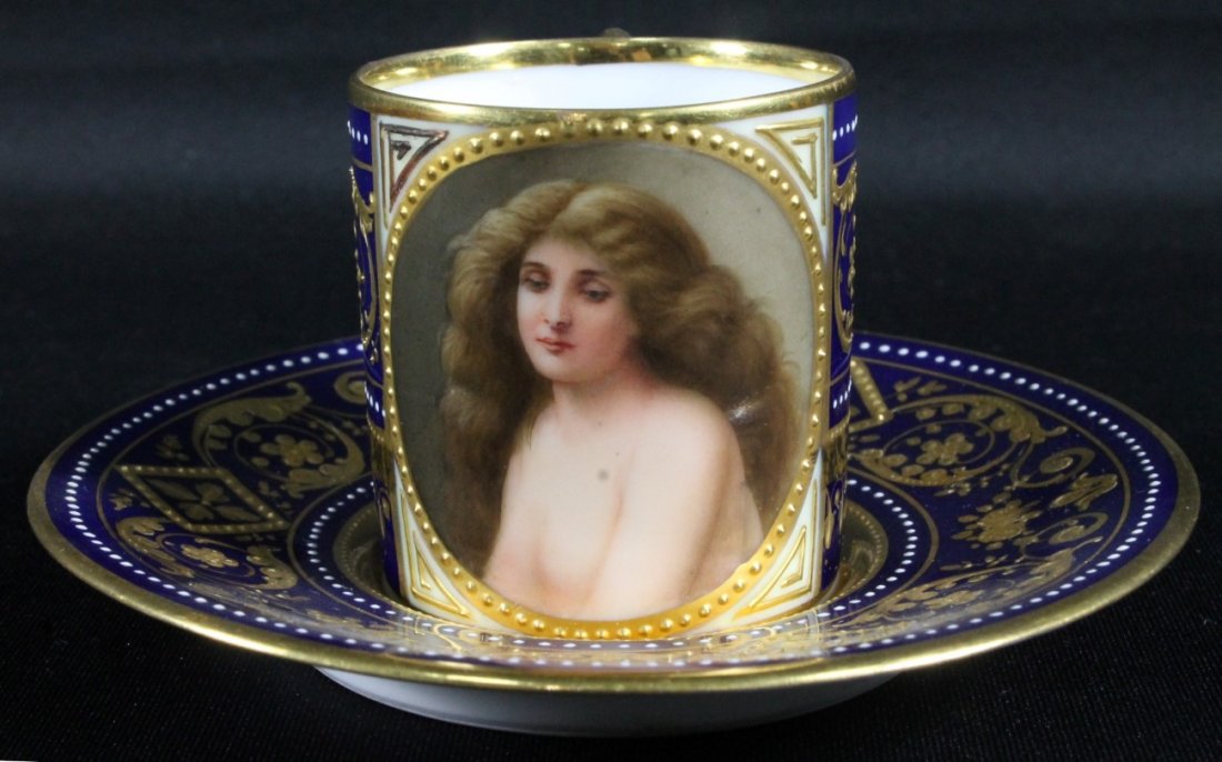 19TH C. ROYAL VIENNA CUP AND SAUCER: 19TH C. ROYAL VIENNA CUP AND SAUCER. THE CUP MEASURES H: 2" AND THE SAUCER MEASURES 4 1/2" DIAMETER