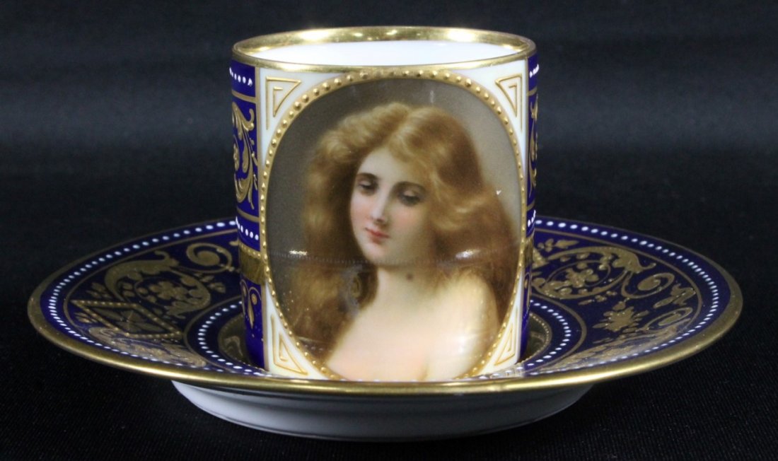 19TH C. ROYAL VIENNA CUP AND SAUCER: 19TH C. ROYAL VIENNA CUP AND SAUCER. THE CUP MEASURES H: 2" AND THE SAUCER MEASURES 4 1/2" DIAMETER
