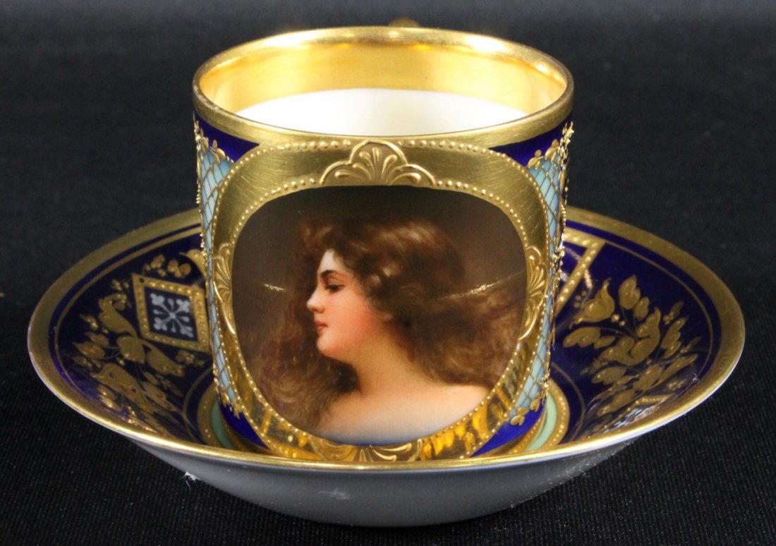 19TH C. ROYAL VIENNA CUP AND SAUCER: 19TH C. ROYAL VIENNA CUP AND SAUCER. THE CUP MEASURES H: 2" AND THE SAUCER MEASURES 4 1/2" DIAMETER