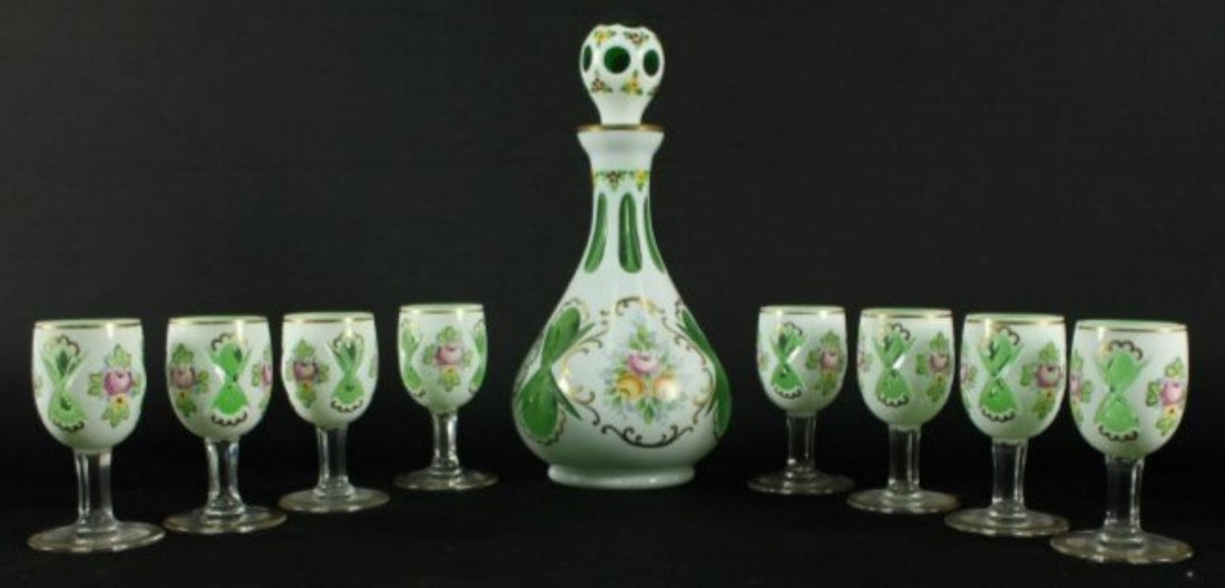 9 PC. BOHEMIAN WINE SET: 9 PC. BOHEMIAN WINE SET. THE BOTTLE MEASURES H: *" AND THE CUPS MEASURE H: *"